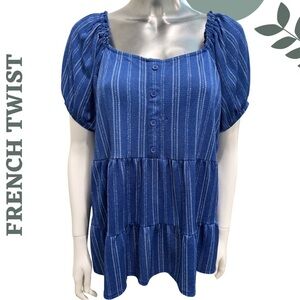 🛍️ FRENCH TWIST Blue Tiered Peasant Top – XL Puff Sleeves, Button Front
